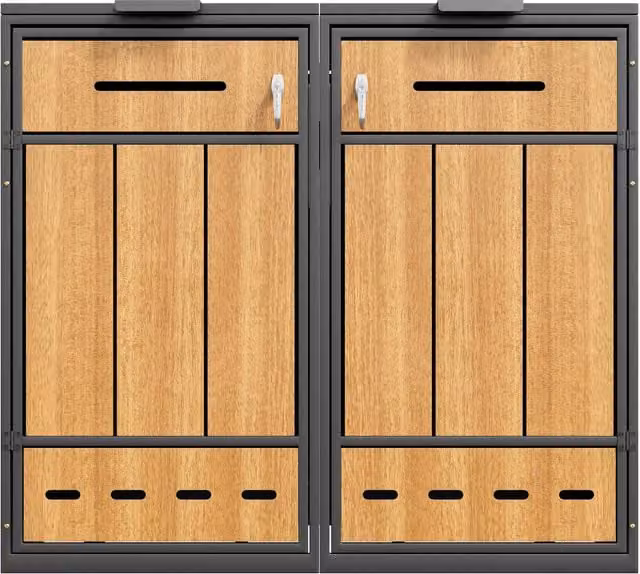 Box per bidoni della spazzatura GL Store in acciaio e legno con fori di aerazione per esterni, L: 132 cm, P: 84,5 cm, H: 118 cm, Grigio e Colore naturale – 1