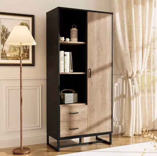 Madia alta moderna 80x40x180 cm in MDF; effetto legno e nero; con 1 porta; 2 cassetti e 3 vani aperti