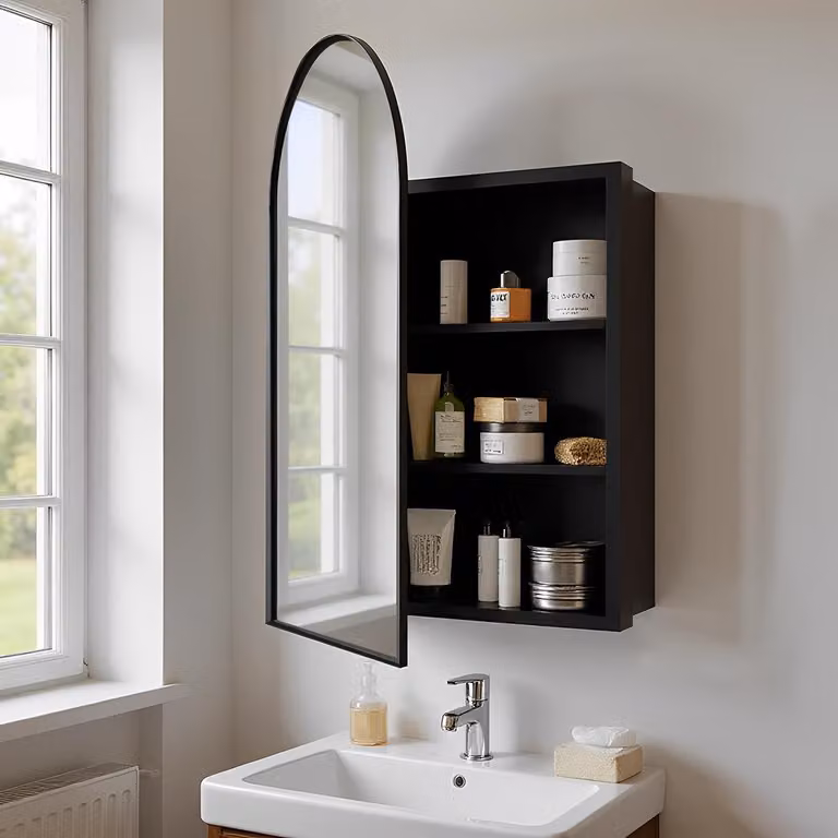 Specchio da bagno curvo, nero - Modello da parete con ante a specchio - Materiale: legno - Stile: moderno - Mobile contenitore