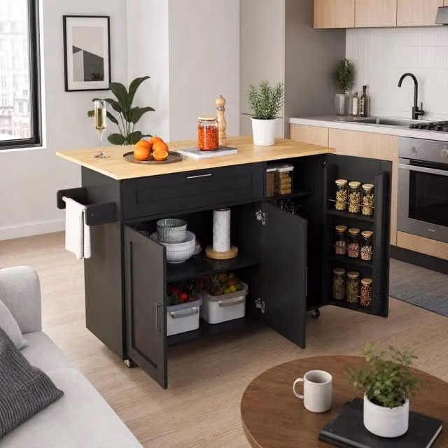 Isola da cucina mobile pieghevole 132;5x44(70)x90 cm in MDF Nero/Naturale