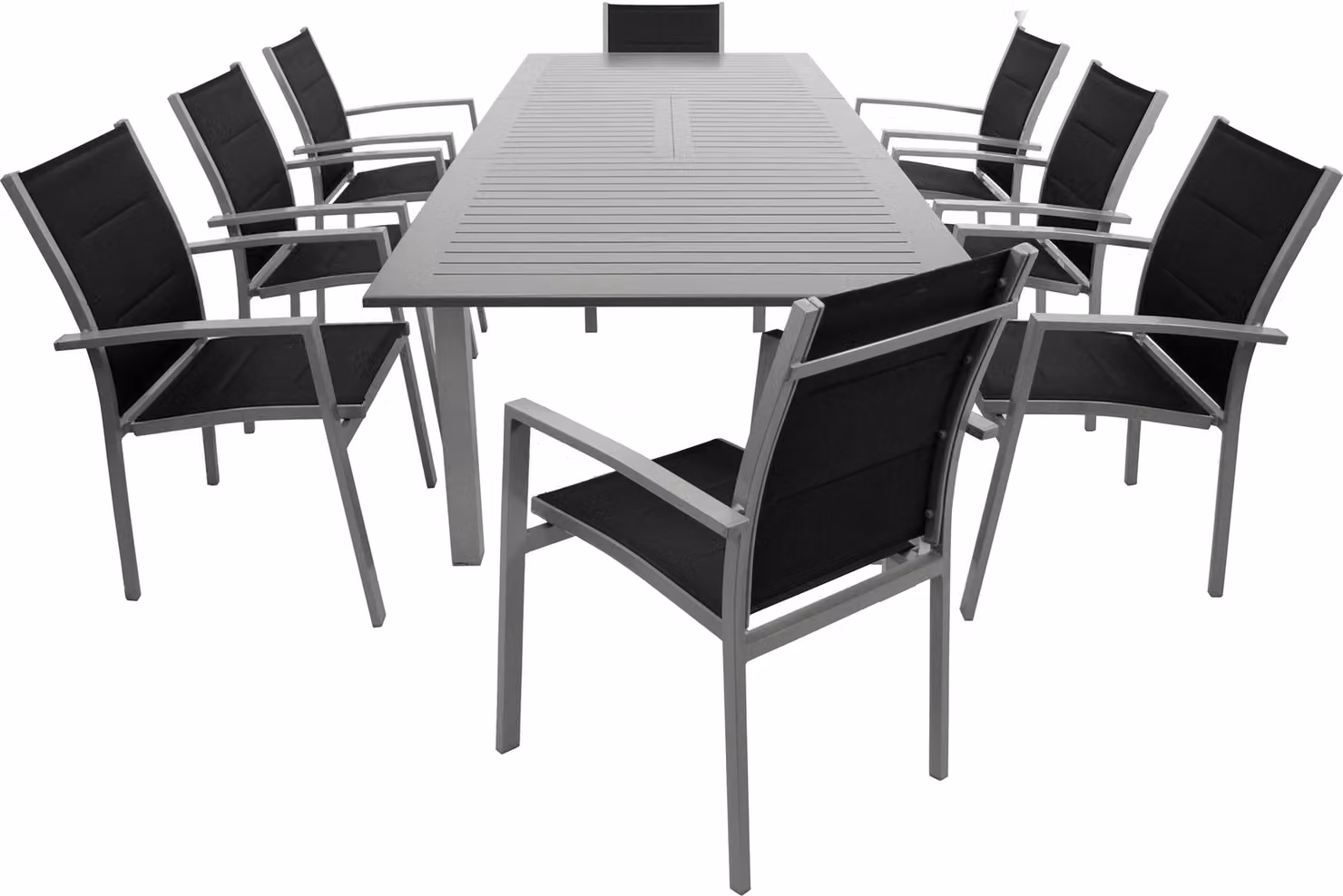 Set da giardino DEGAMO set da pranzo BAJAZZO 9 pezzi, alluminio argento/grigio + tessuto sintetico nero, 8x sedie impilabili, 1x tavolo allungabile 175/145x100cm