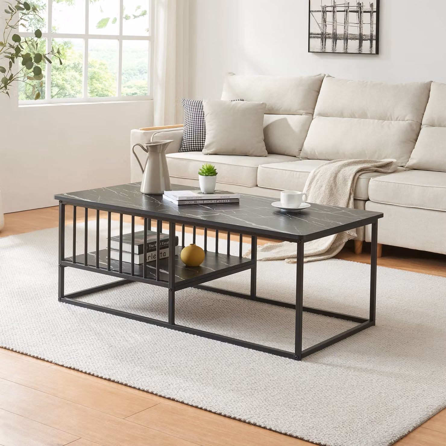 Tavolino 'Raukurg' con un ripiano 120 x 60 x 44 cm aspetto marmo, nero