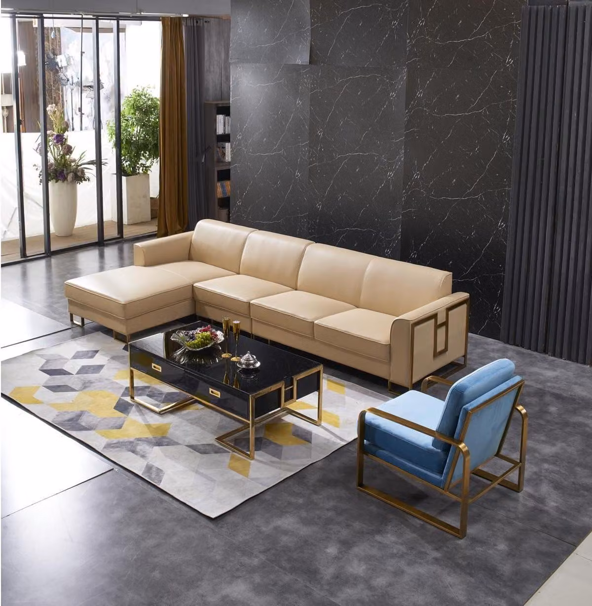 Modernes Sofa Ecksofa L-Form Sessel Couchtisch Hocker Ecksofa Polster 2tlg.