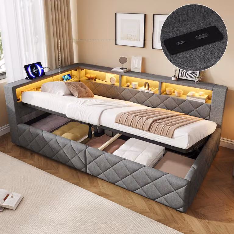 Divano letto 90x200, con sistema di sollevamento idraulico, spazio contenitore, illuminazione LED, porta USB, senza materasso, rivestito in lino