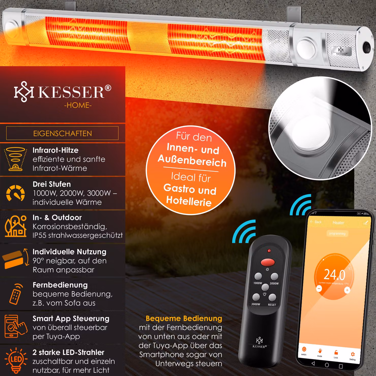 Riscaldatore a infrarossi KESSER® 3000 W IR-Gastro-Bar con luce LED, riscaldatore da terrazza con WiFi e telecomando, custodia protettiva inclusa; riscaldatore a infrarossi, riscaldatore al quarzo, riscaldatore da terrazza, riscaldatore da parete