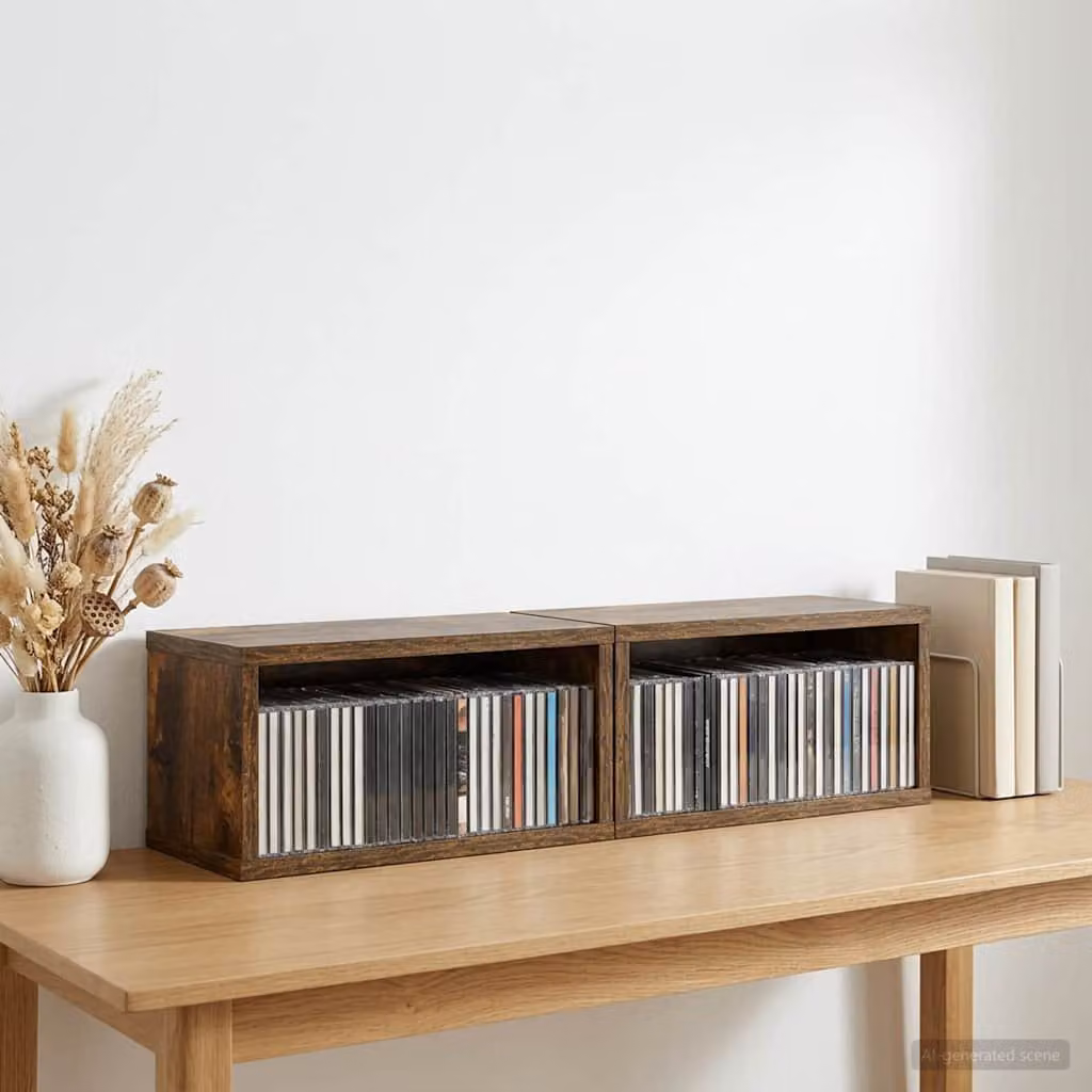 Set di 2 rack per stoccaggio CD vidaXL in legno MDF, colore marrone Rovere Fumo, L 40 cm x P 17 cm x H 17 cm