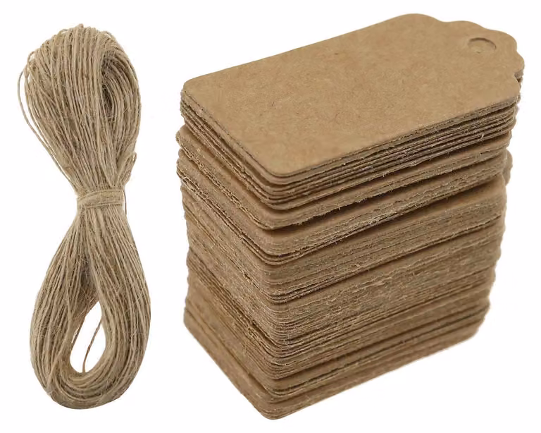 100 etichette regalo in carta kraft con cordino di iuta, dimensioni 40x20 mm, colore marrone