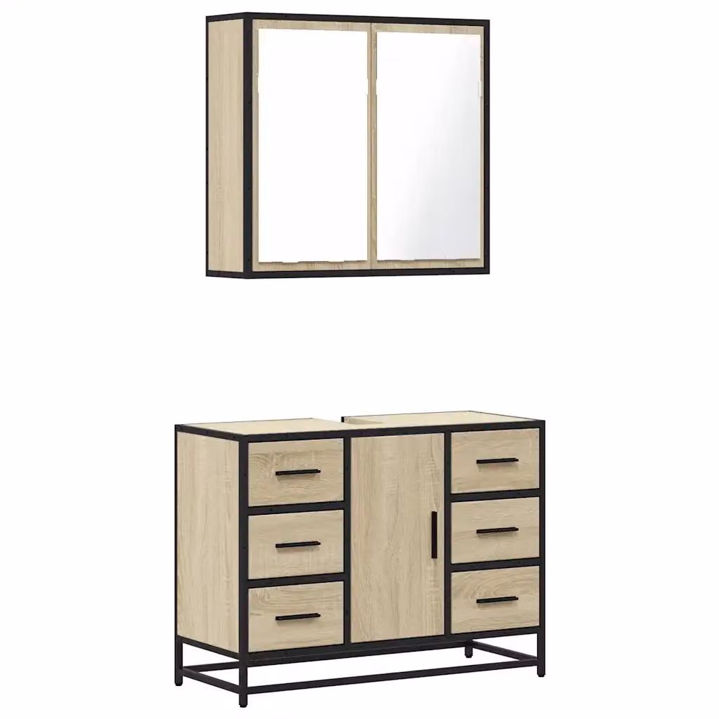Set Mobili da Bagno 2 Pezzi vidaXL in Stile Industrial, Colore Beige, con Mobile Lavabo e Armadietto Specchio con Illuminazione LED – 2