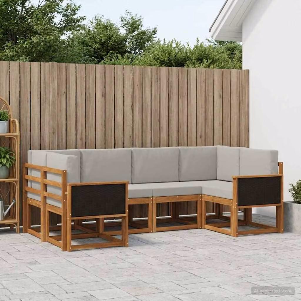 Set di divani da esterno vidaXL a forma di L in legno di acacia con cuscini, 6 pezzi, Marrone e Grigio