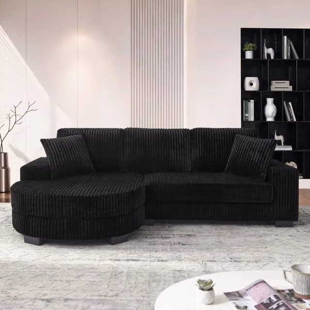 Divano angolare modulare da 256;5?x?133;5?x?89?cm 4 posti a coste; con pouf ovale e 2 cuscini incluso; velluto; nero