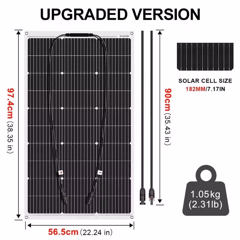 Pannello solare flessibile – Pannello solare semi-flessibile – Pannello solare portatile – Pannello solare leggero – Potenza: 100 Watt – Grado di protezione IP65 (resistente all'acqua)