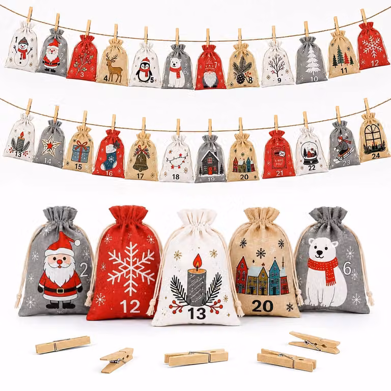Calendario dell'Avvento: 24 sacchetti da riempire, dimensioni 13x18 cm, con corda e graffette, design scandinavo