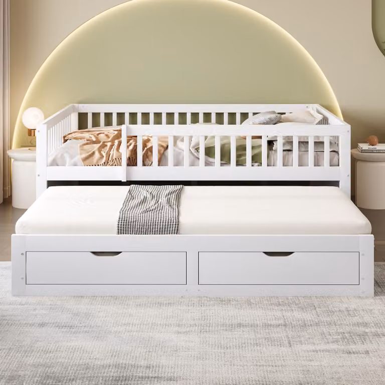 STILVORA divano letto per bambini 140×200 con 2 cassetti, letto per ragazzi allungabile con rete a doghe, letto contenitore letto per ospiti bianco, senza materasso
