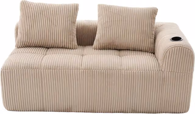 Divano compatto 158x93x61 cm in velluto a coste khaki con tasche laterali e portabicchieri