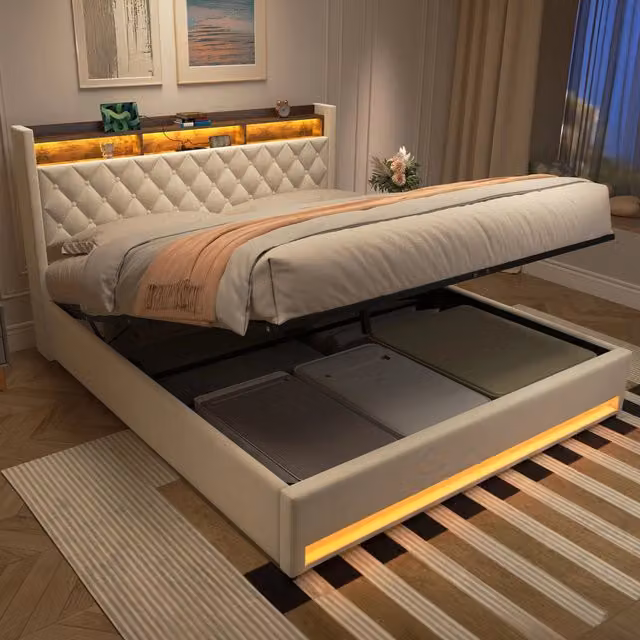 Letto matrimoniale imbottito 180x200 cm beige in velluto con struttura MDF e ferro