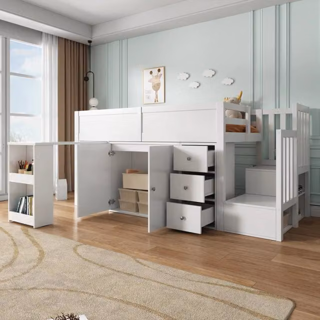 Letto a soppalco bambini 90 × 200 cm con scrivania estraibile, armadio e cassetti, senza materasso, in MDF bianco