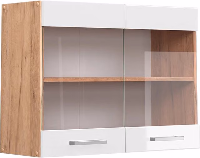 Pensile da cucina moderno Vicco R-Line con ante in vetro, Bianco lucido e Rovere, L: 80 cm, H: 60 cm, P: 31 cm