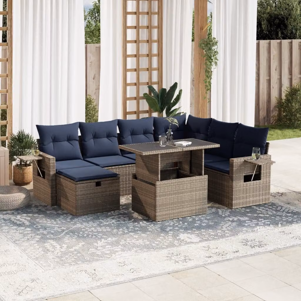 Set di divani da giardino vidaXL in polyrattan e metallo con cuscini, 8 pezzi, grigio e blu