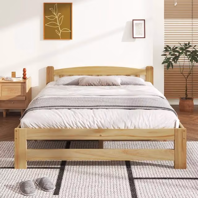 Letto matrimoniale futon in legno massello con testiera e reti a doghe, per ragazzi e adulti - Naturale 140x200 cm