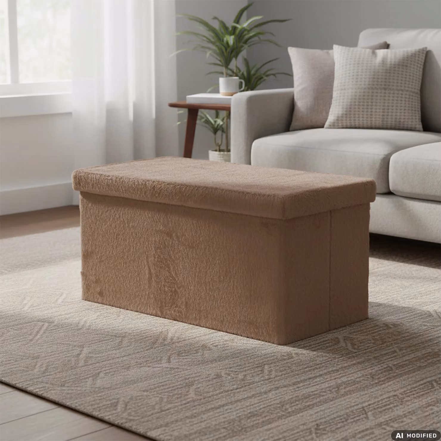 VESTIAMO CASA Pouf Contenitore in Pelliccia Sintetica Beige H: 38 cm, L: 76 cm, P: 38 cm – 2