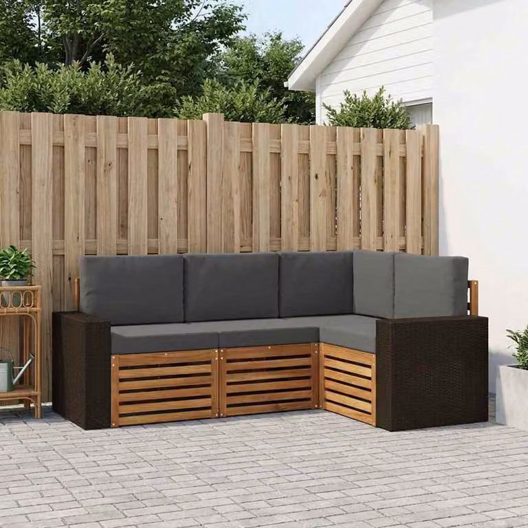 Set di divani da esterno vidaXL a forma di L composto da 4 pezzi in legno di acacia con cuscini in poliestere resistente ai raggi UV, colori marrone e grigio