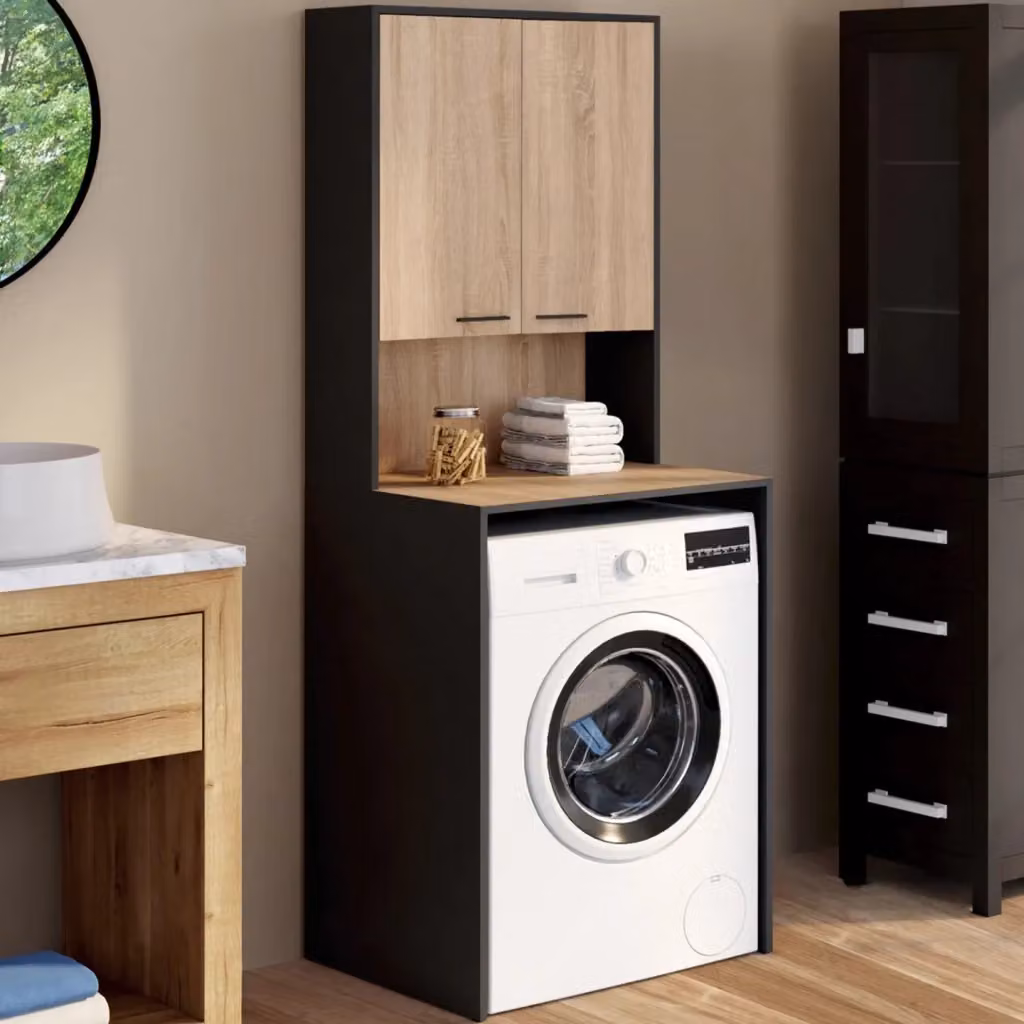 IDMarket Piano lavabiancheria WALLIS con armadio moderno nero e legno effetto faggio L: 180 cm, P: 60 cm, H: 65 cm – 2