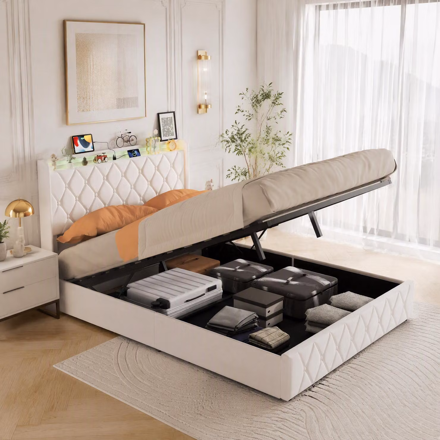 Letto imbottito INONEFT, 160x200 cm, con contenitore, letto per ragazzi con LED e prese di corrente, letto matrimoniale con rete a doghe e spazio contenitivo nella testiera, in velluto, color beige