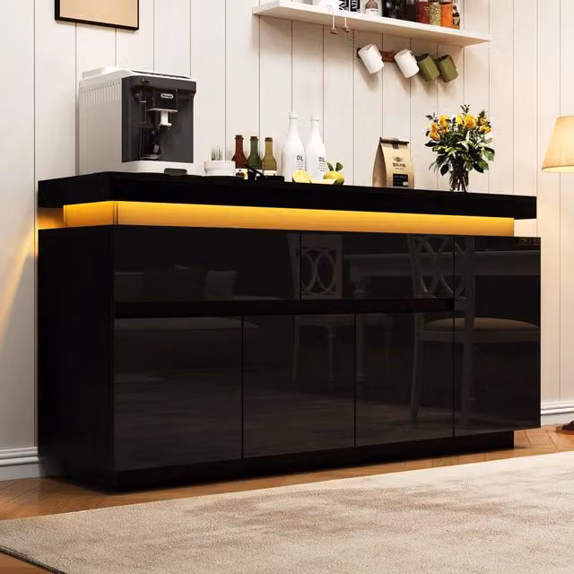Credenza con LED 2 cassetti 4 ante e 10 vani regolabili per soggiorno in truciolare nero lucido 140 × 35 × 72,5 cm