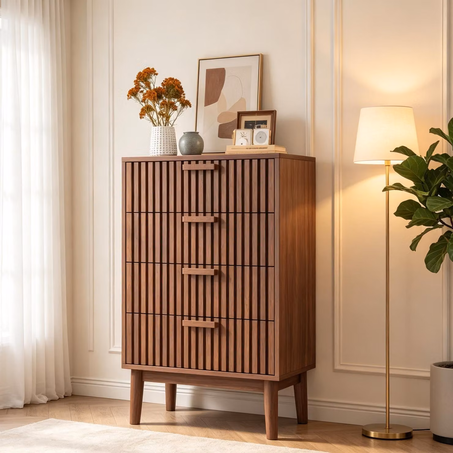 Comodino INONEFT con 4 cassetti, mobile contenitore con sistema di sicurezza anticaduta e piedi robusti, mobiletto contenitore con cassetti per il soggiorno, noce
