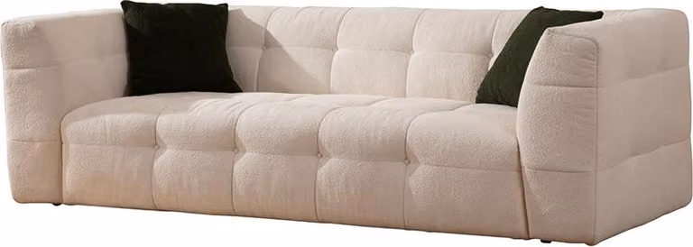 Divano moderno a 3 posti, rivestito in tessuto bouclé con cuscini, lunghezza 235 cm, colore: bianco cady