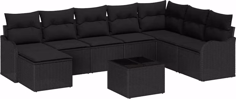 Set Divano da Giardino con cuscino 9 pcs Nero Poly Rattan