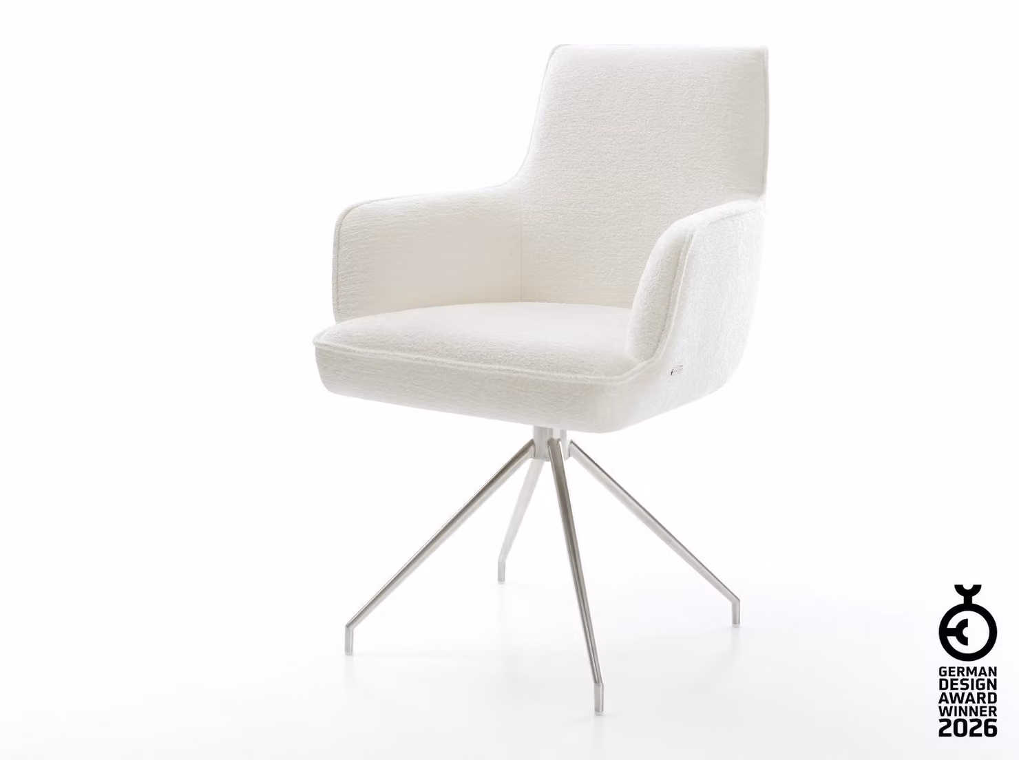 Sedia da pranzo DELIFE Heira-Flex con braccioli Bouclé Soft Beige Struttura a croce conica in acciaio inossidabile Molle insacchettate