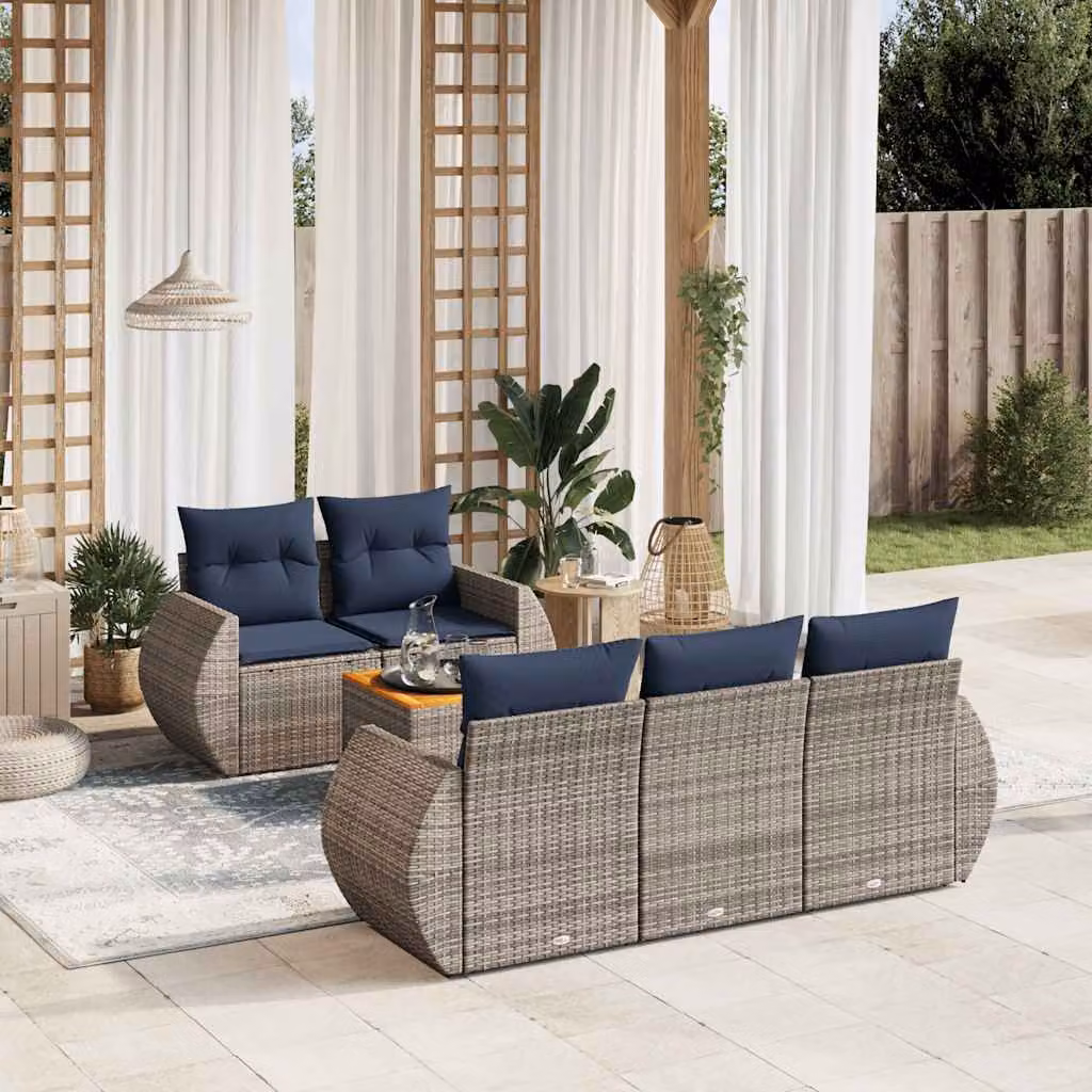 Set di divani da giardino vidaXL in polyrattan grigio con cuscini e tavolino da esterno a forma di L