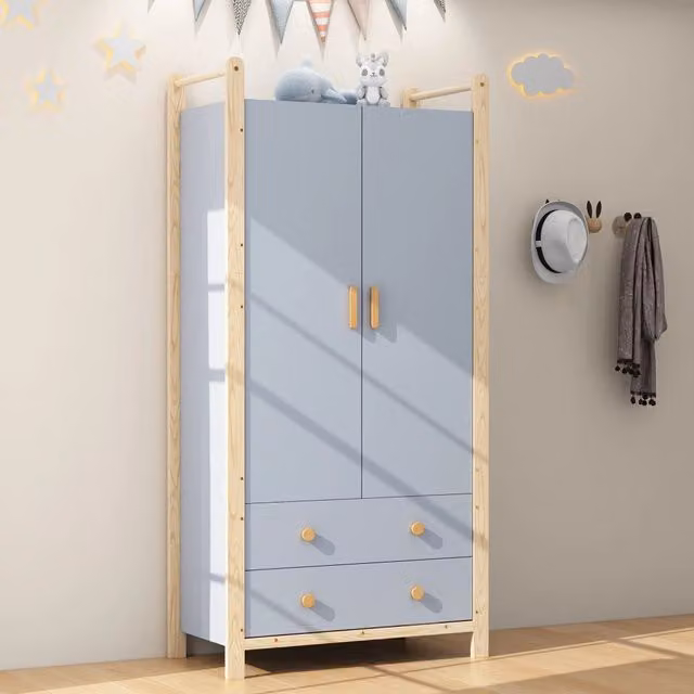 Armadio Minimal con 2 Ante, Cassetti e Appendiabiti in Pino Blu, L/P/H: 90 x 45 x 180 cm