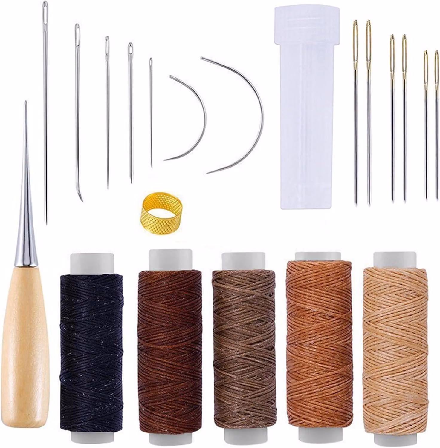 Kit di riparazione in pelle, composto da 21 pezzi, filo cerato multicolore (5 x 30 metri), 13 aghi, timbri di precisione, per la riparazione di mobili