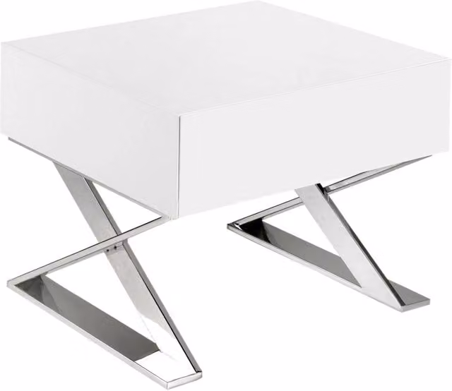 Comodino in legno bianco e acciaio cromato