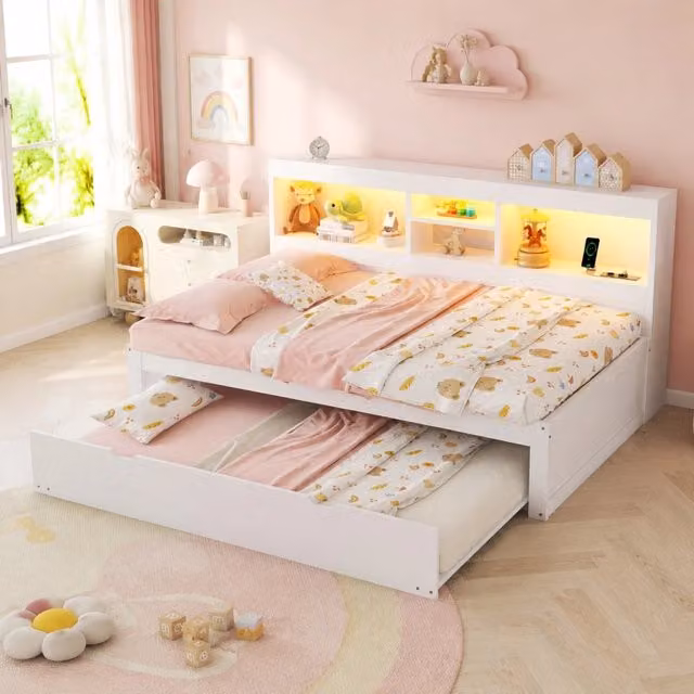 Letto da giorno 90x200 cm bianco con letto estraibile, LED, USB e presa