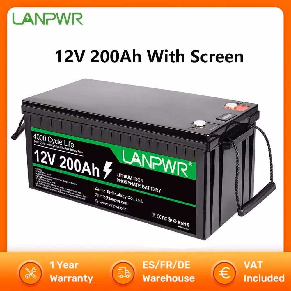 Batteria LiFePO4 – Batteria al litio – 12V 200Ah – BMS (sistema di gestione della batteria) integrato da 100A – Capacità di accumulo energetico di 2560Wh