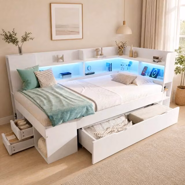 Letto singolo 90x200 cm in legno bianco con LED; USB e Type-C; contenitore e ripiani
