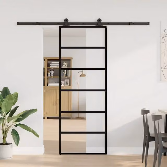 Porta Scorrevole Moderna vidaXL in Vetro Trasparente e Alluminio Nero L: 76 cm, H: 205 cm