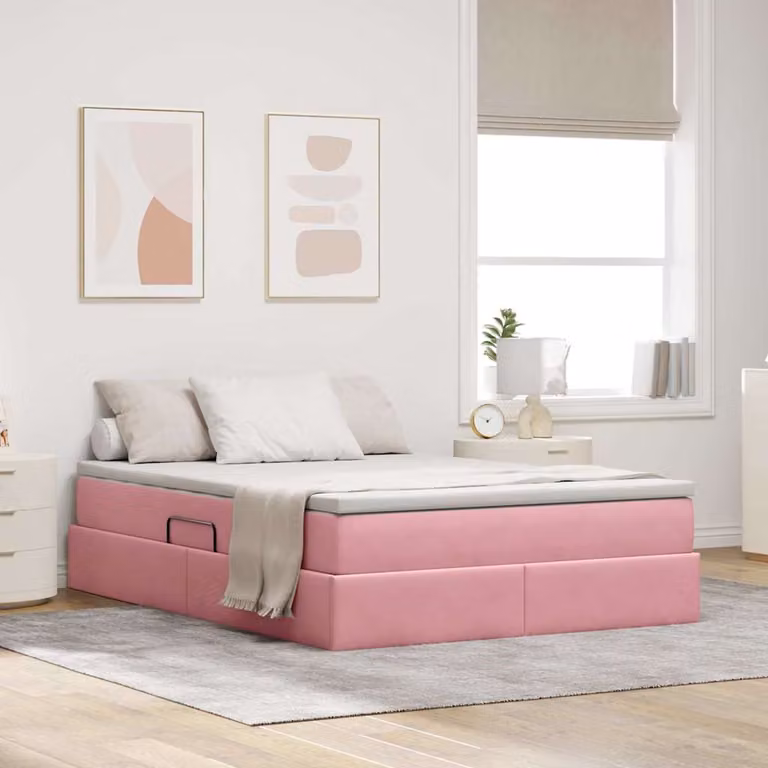 Letto con contenitore e materasso ibrido vidaXL in velluto rosa, L/P/H: 140 x 200 x 280 cm