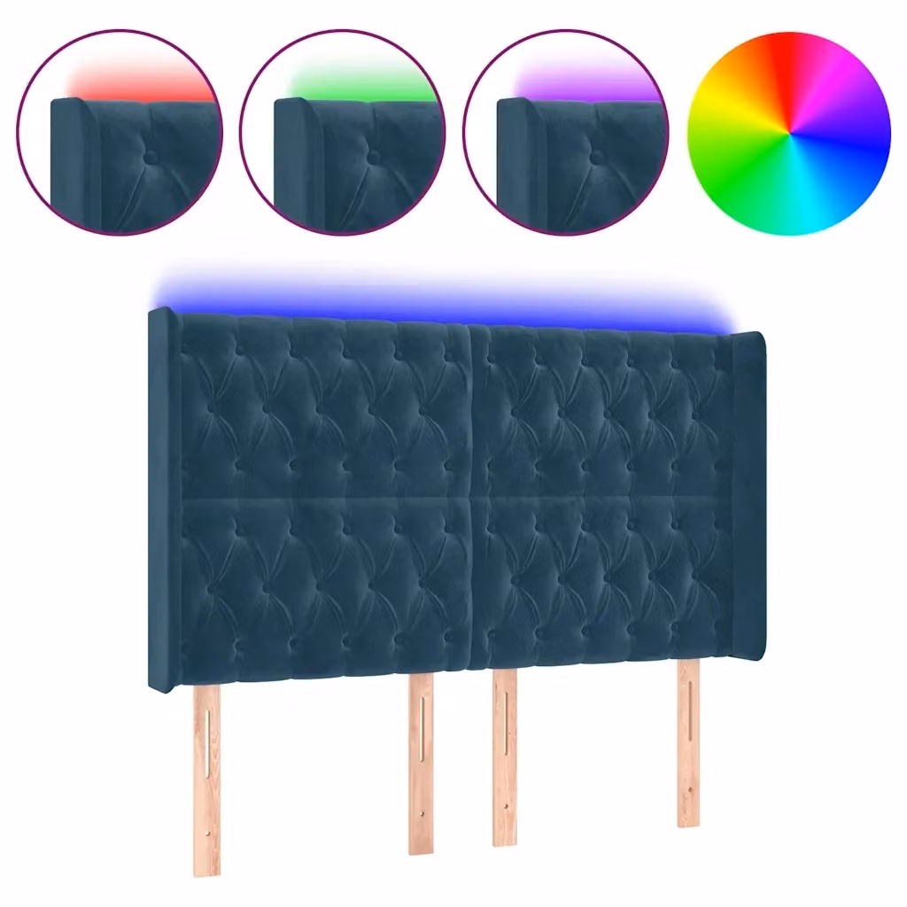 Testiera per letto vidaXL in velluto blu con illuminazione LED e porta di ricarica USB, L: 147 cm, P: 16 cm, H: 118-128 cm – 2