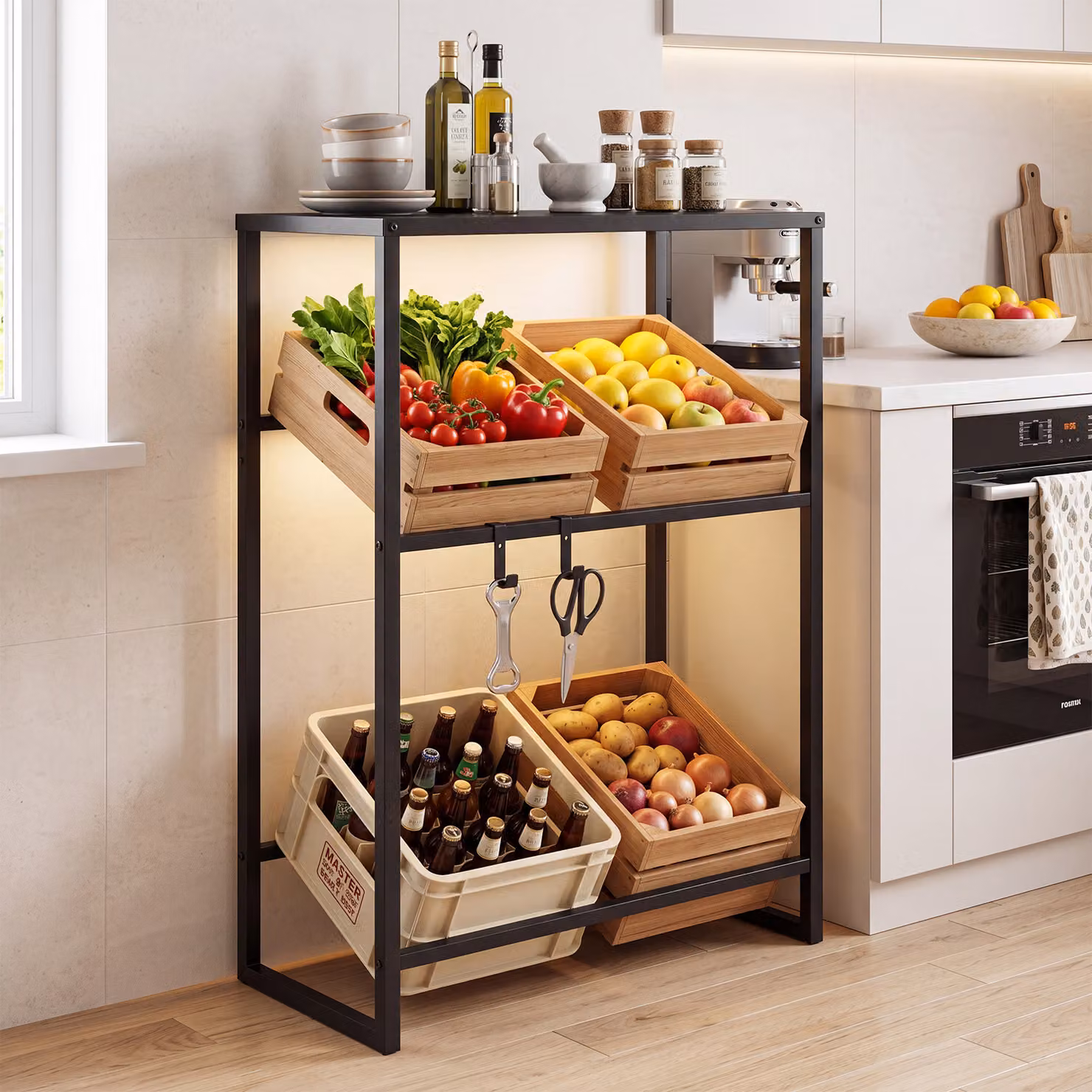 Scaffale porta casse d'acqua in metallo Costway nero con 3 ripiani regolabili, L 69,5 cm x P 32 cm x H 112 cm