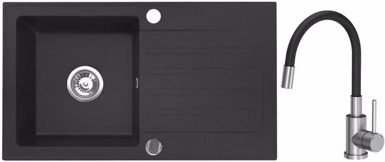 VBChome Lavello in granito 76 x 44 cm Nero con rubinetto flessibile Lavello da incasso a vasca singola Reversibile Speckled Lavello di facile manutenzione con sifone