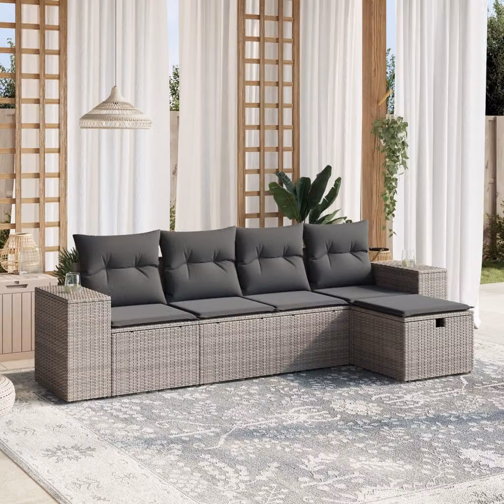 vidaXL Set Divano da Giardino 5 pz a Forma a L con Cuscini Grigio in Polyrattan e Struttura in Metallo – 1