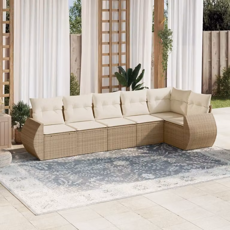 Set Divano da Giardino vidaXL 6 pz a Forma a L in Polyrattan con Cuscini Beige e Struttura in Metallo