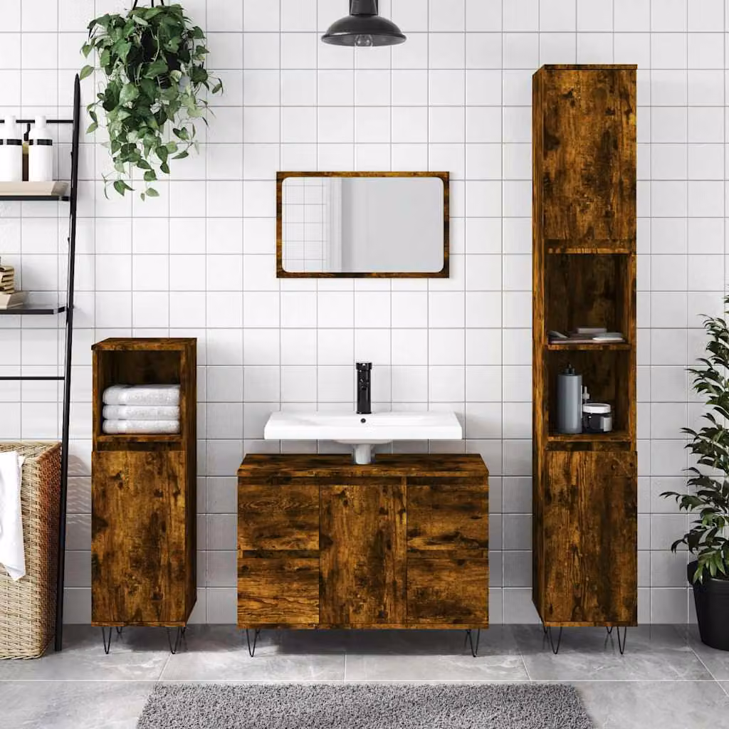 Armadietto da bagno vidaXL in legno Rovere Fumo con ante a battente e cassetti, stile industrial, L: 80 cm, P: 33 cm, H: 60 cm
