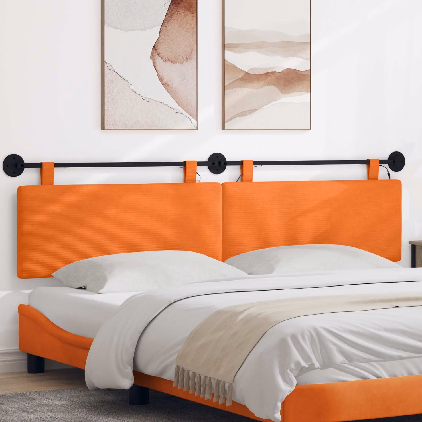 Testiera sospesa vidaXL in tessuto cord arancione con illuminazione integrata e pannello imbottito, L: 210 cm, H: 55 cm, P: 5 cm