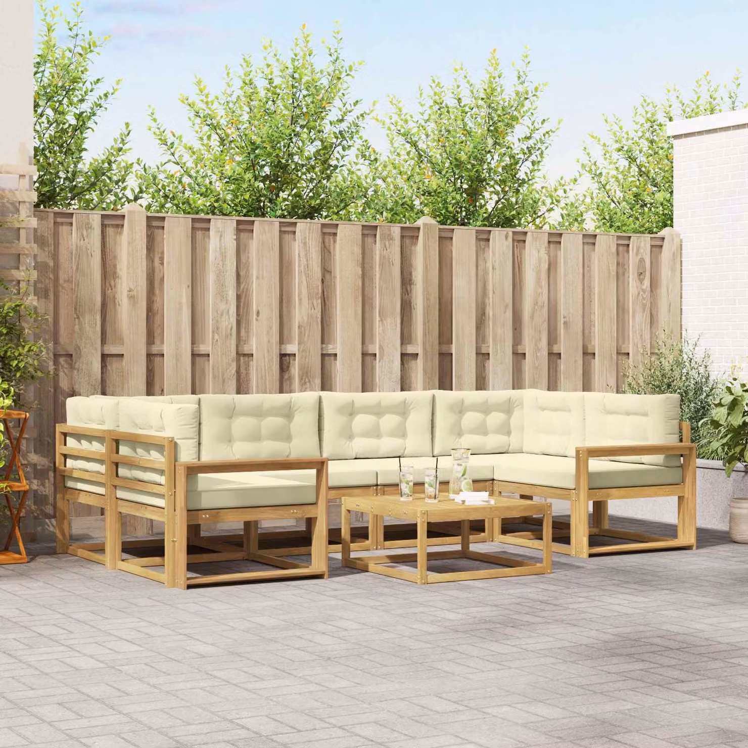 vidaXL Set di divani da esterno a L in legno di acacia con tavolo da caffè, 5 pezzi, Bianco e Beige