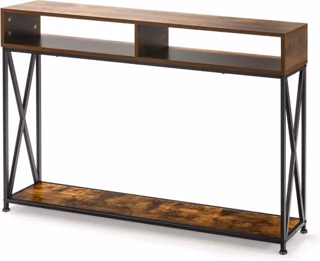 Tavolo da parete a 2 livelli con mensola aperta e scompartimenti in stile industrial, DESIGN IN, Marrone – 1